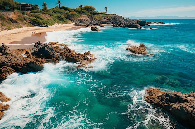 a beautiful shot of a rocky coastline with a big wave in the middle