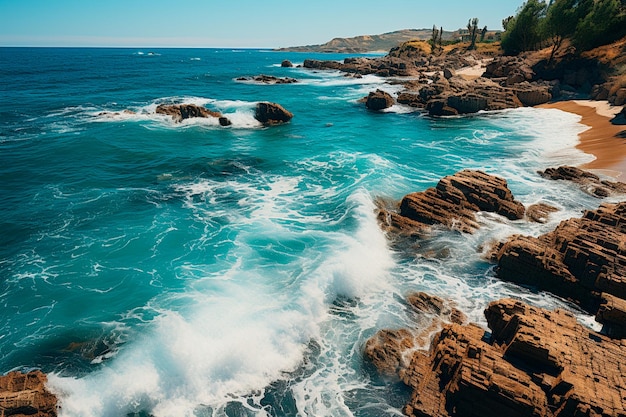 a beautiful shot of a rocky coastline with a big wave in the middle