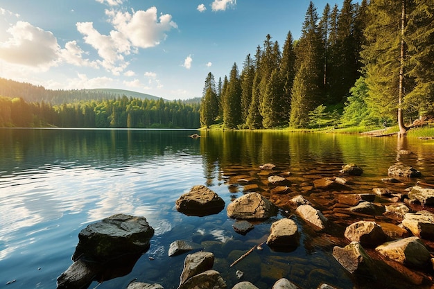 Beautiful shot of a rocky mountn next to a lake with reflection in the water