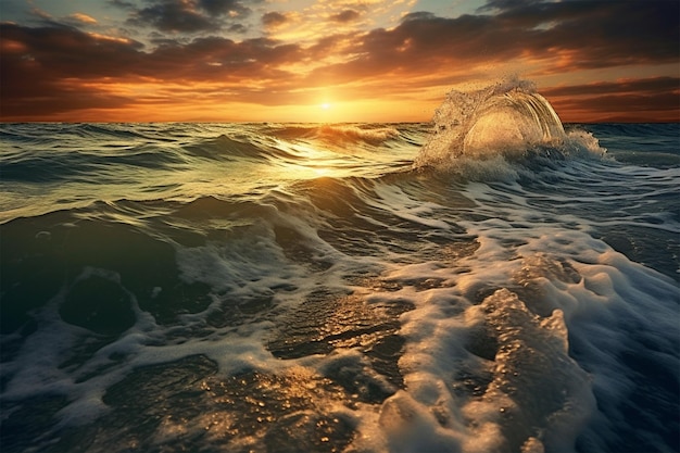 Beautiful shot of sea waves under the the sun shining during golden
