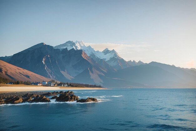 Beautiful shot of sea with a mountain in the distance and a clear sky