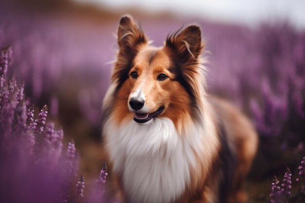 Photo beautiful shot of a shetland sheepdog in a field full fo purple flowers