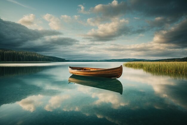 Photo beautiful shot of a small lake with a wooden rowboat in focus and breathtaking clouds in the sky