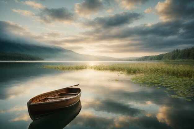 Photo beautiful shot of a small lake with a wooden rowboat in focus and breathtaking clouds in the sky