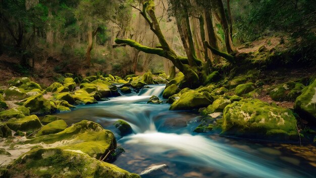 Beautiful shot of a small river in the forest with rocks covered in moss