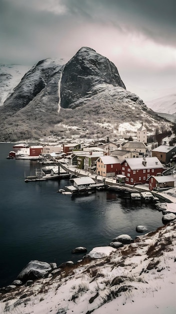 Beautiful shot of a small village surrounded by a lake and snowy hills