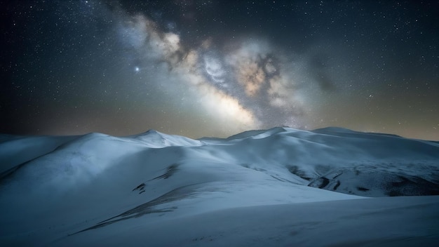 Beautiful shot of snowcovered mountains and hills with the milky way galaxy in a starry sky