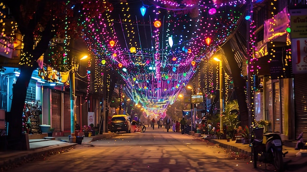 A beautiful shot of a street decorated with colorful lights The street is lined with shops and the lights are reflected in the windows