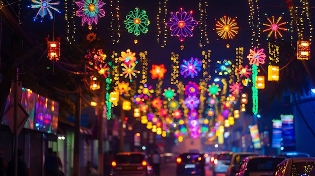 A beautiful shot of a street with colorful lights hanging overhead The lights are in the shape of flowers and they create a festive atmosphere