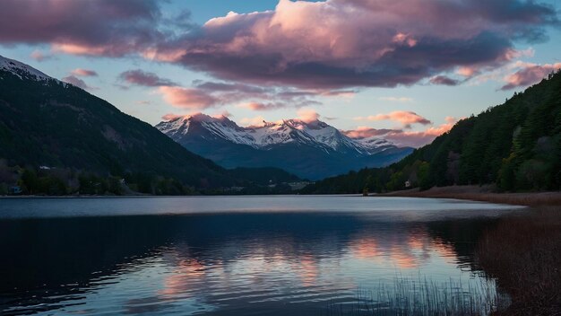 Beautiful shot of the sunset in the mountains by the lake with amazing clouds