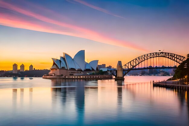 Photo beautiful shot of the sydney harbor bridge with a light pink and blue sky