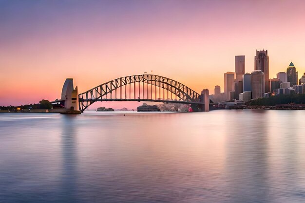 Beautiful shot of the sydney harbor bridge with a light pink and blue sky