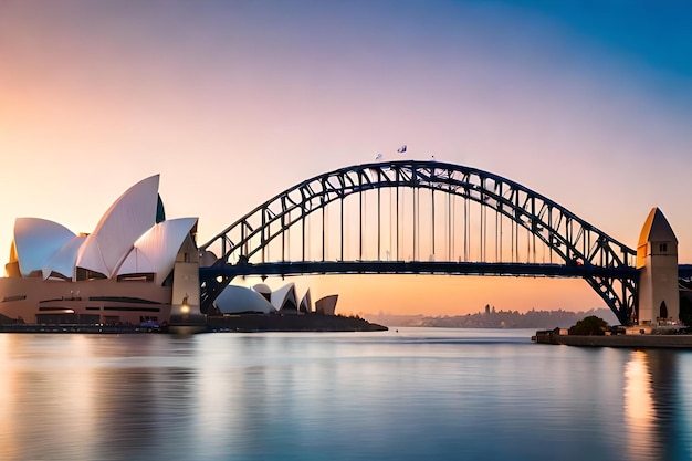 Photo beautiful shot of the sydney harbor bridge with a light pink and blue sky