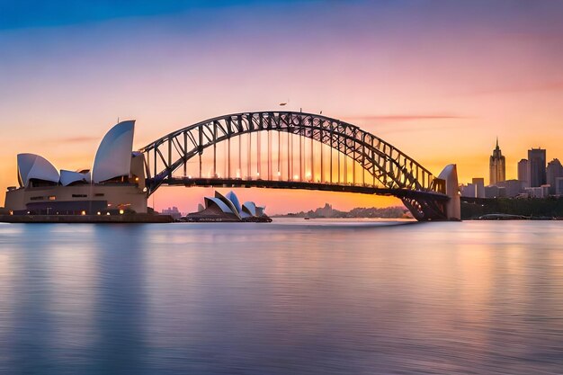 Beautiful shot of the sydney harbor bridge with a light pink and blue sky