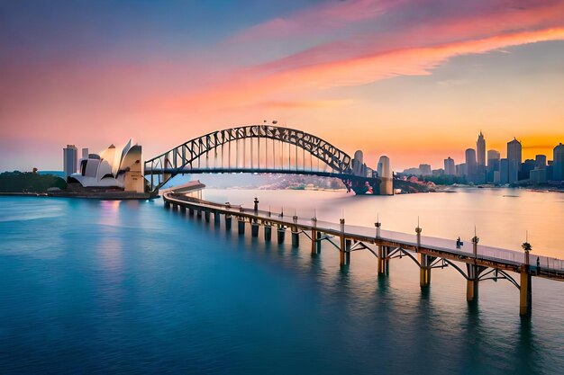 Beautiful shot of the sydney harbor bridge with a light pink and blue sky