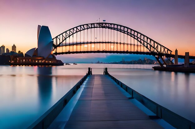 Beautiful shot of the sydney harbor bridge with a light pink and blue sky