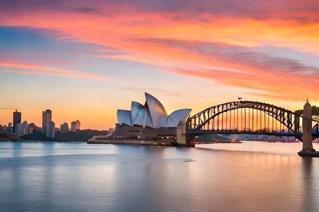 Photo beautiful shot of the sydney harbor bridge with a light pink and blue sky