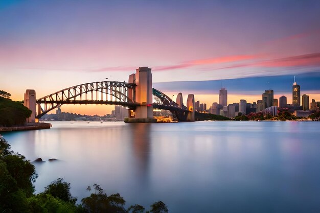 Beautiful shot of the sydney harbor bridge with a light pink and blue sky