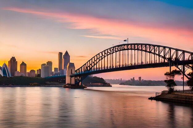 Foto bella foto del ponte del porto di sydney con un cielo rosa chiaro e blu