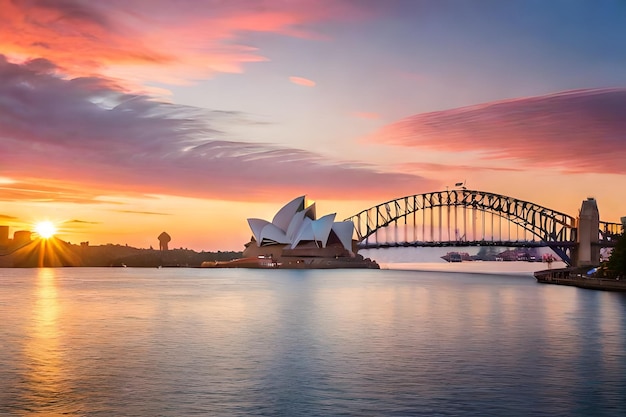 Beautiful shot of the sydney harbor bridge with a light pink and blue sky