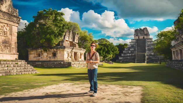 Photo beautiful shot of a tourist visiting copan ruinas and its beautiful mayan ruins in honduras