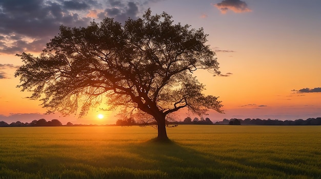 Beautiful shot of a tree in a field at sunset