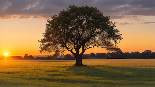 Beautiful shot of a tree in a field at sunset