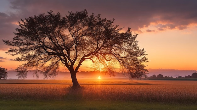 Beautiful shot of a tree in a field at sunset