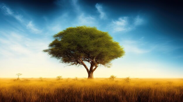 Красивый снимок дерева в равнинах саванны с голубым небом на заднем плане