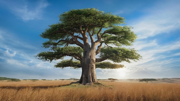 Beautiful shot of a tree in the savanna plains with the blue sky