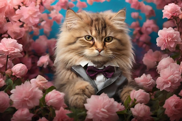 Beautiful siberian cat in bow tie and flowers on color background