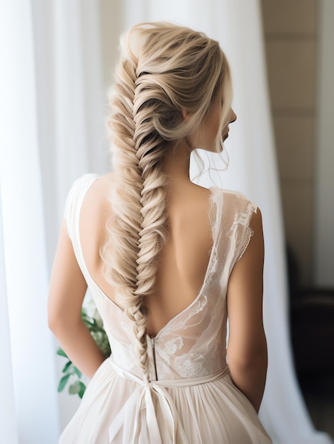 Photo beautiful side swept fishtail braid hair style for bride wedding hair style event