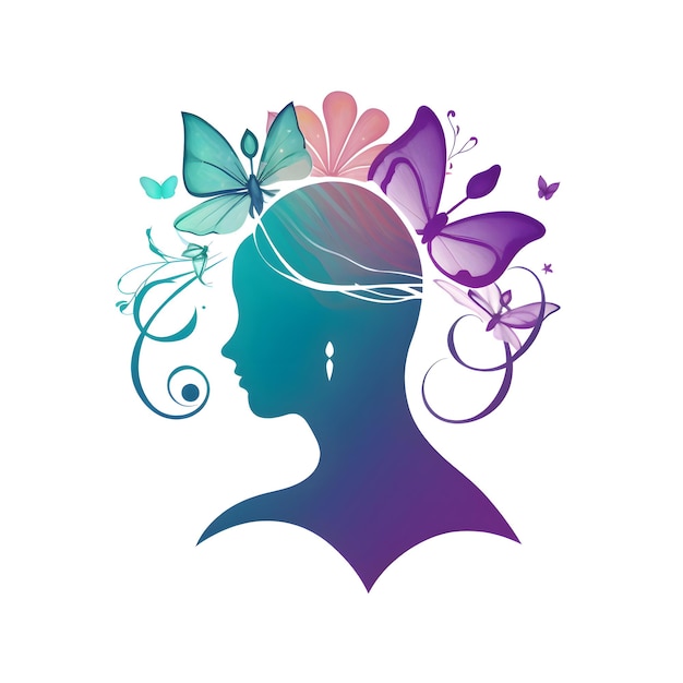 Photo beautiful silhouette of a female head with butterflies vector illustration