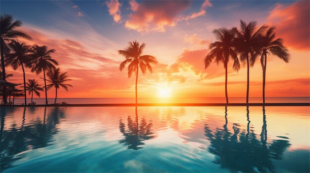 Photo beautiful silhouette palm tree with umbrella and chair around swimming pool in hotel resort with sun