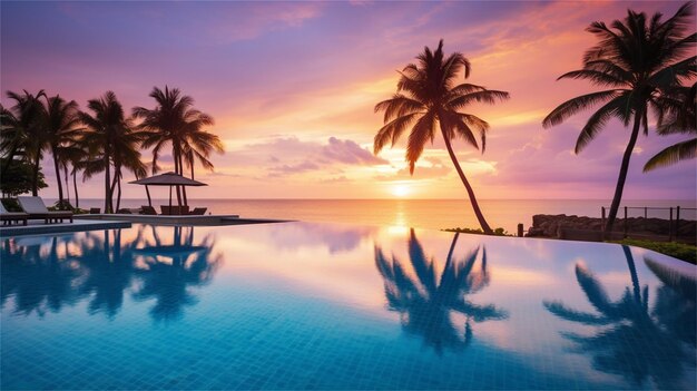 Beautiful silhouette palm tree with umbrella and chair around swimming pool in hotel resort with sun