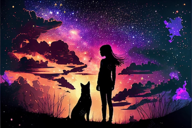 Beautiful silhouette of a young girl standing with her pet Digital art style