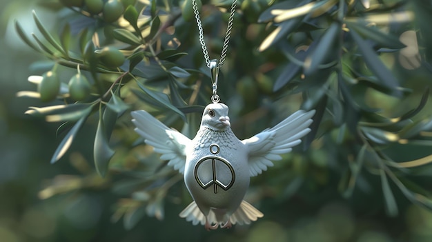 Photo a beautiful silver peace dove pendant hangs in front of a lush green olive branch