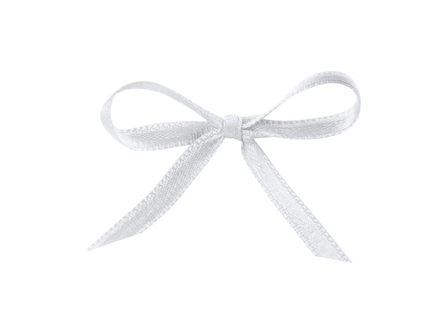 Beautiful silver ribbon tied in bow isolated on white top view