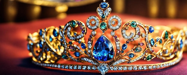 Foto bella tiara d'argento con diamanti su sfondo nero messa a fuoco selettiva ia generativa