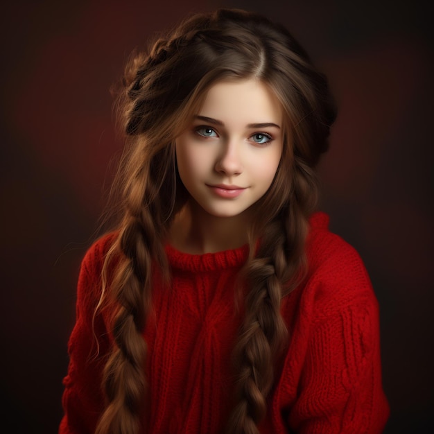 Beautiful similing girl with long hair twintails wearing red sweater