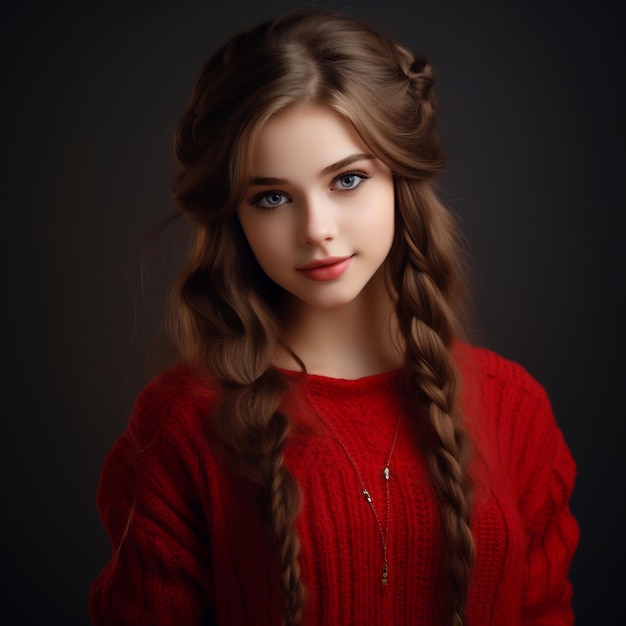 Красивая девушка с длинными волосами в красном свитере