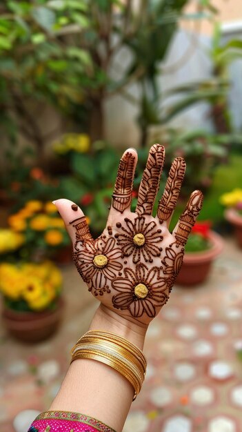 Beautiful simple hand henna design for a girl in brown color on the palm with flowers and geometric shapes