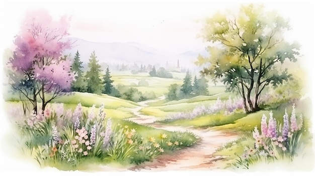 beautiful simple wedding theme with spring meadow landscape watercolor on white background