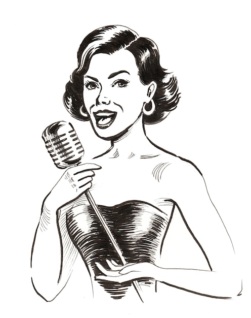 Beautiful singer with retro microphone. Ink black and white drawing