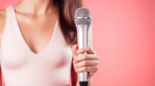 beautiful singer woman holding microphone on pink background with empty space for text