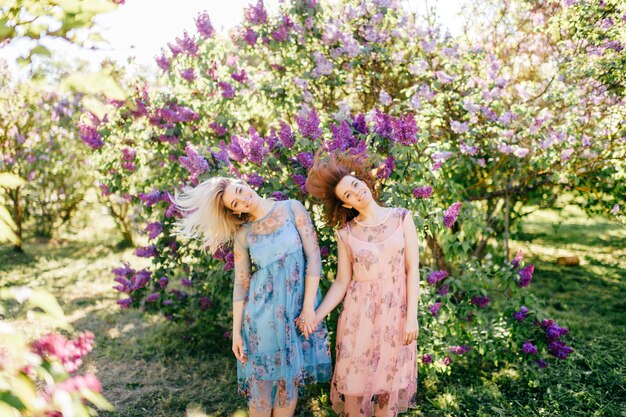 beautiful sisters in dresses posing in summer park