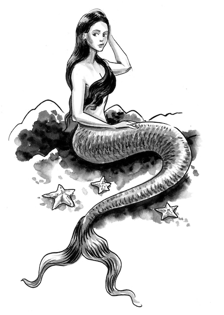 Beautiful sitting mermaid. Ink black and white drawing