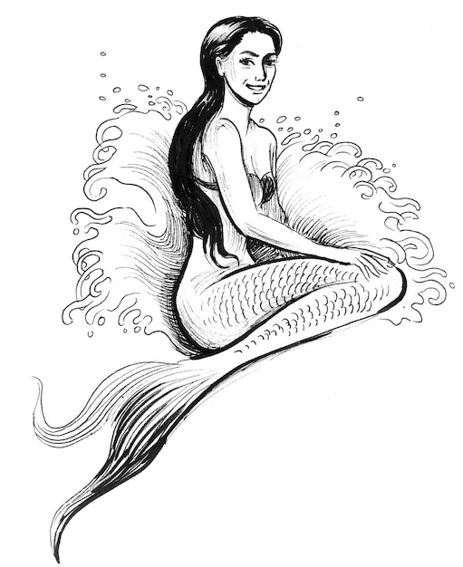 Beautiful sitting mermaid. Ink black and white drawing