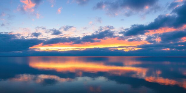 大きな湖に沈む美しい空と夕日