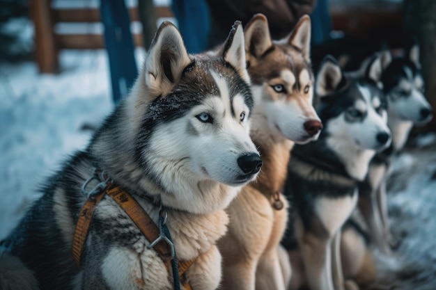 Beautiful sled dogs and huskies wait in the cold